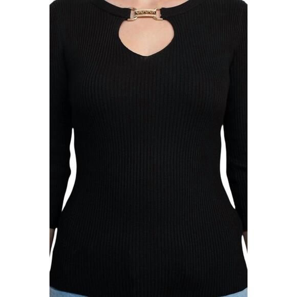 NEW CARMEN MARC VALVO boat neck cutout front 3/4 sleeve ribbed pullover knit top - Picture 4 of 4